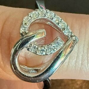 Designer Heng Ngai CZ Ribbon Heart Sterling Silver Ring - Size 7